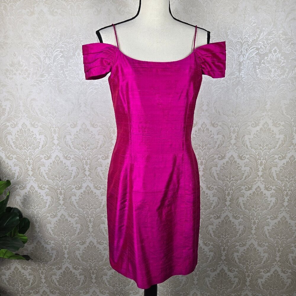 Vintage Size 12 Hot Pink Silk Shantung Dress Off Shoulder Pleated Cap Sleeve